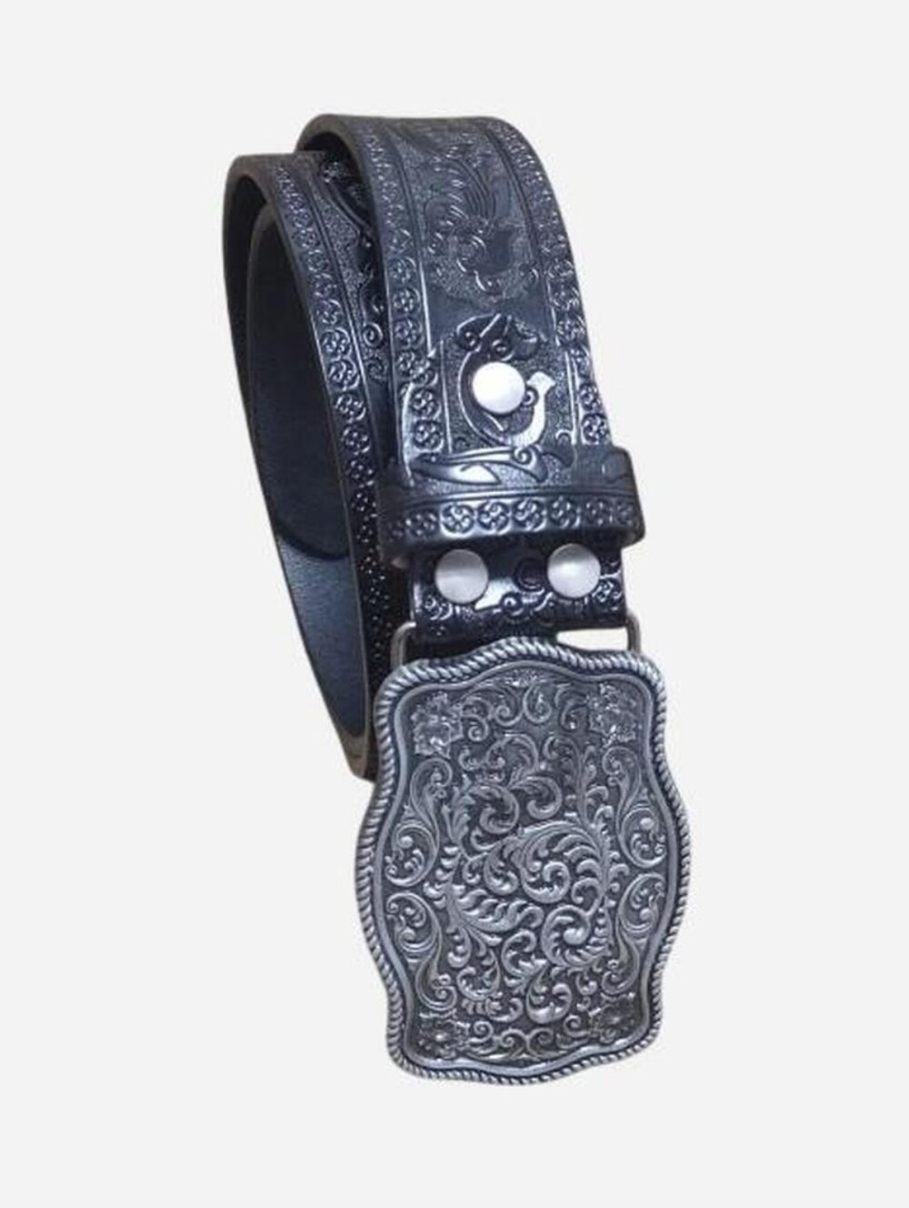 Black Faux Leather Embossed Belt w/ Ornate Silver Buckle 1.5" Wide Size 34-40